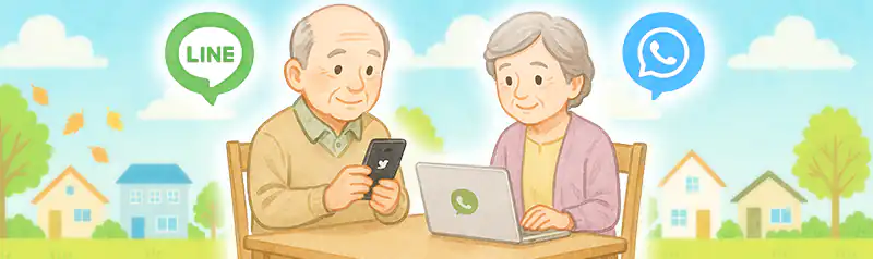 シニア世代がパソコンやスマホを使っている画像