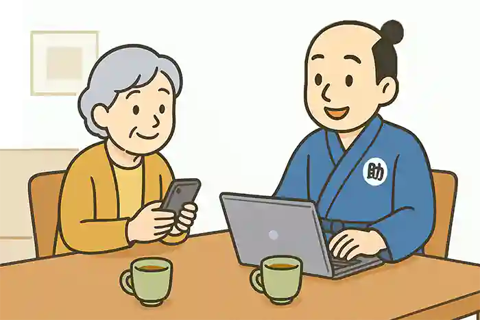 助さんがシニアの方にスマホ操作を教える様子（1回 40分の対面サポート）